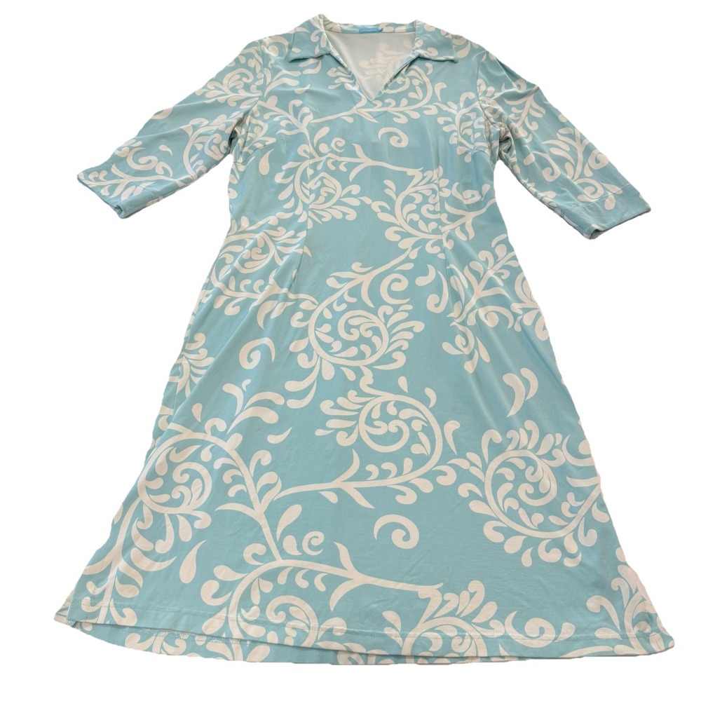 J. McLaughlin Blue Catalina Cloth 3/4 Sleeve Stretch Cadence Dress Size MEDIUM - Picture 2 of 12